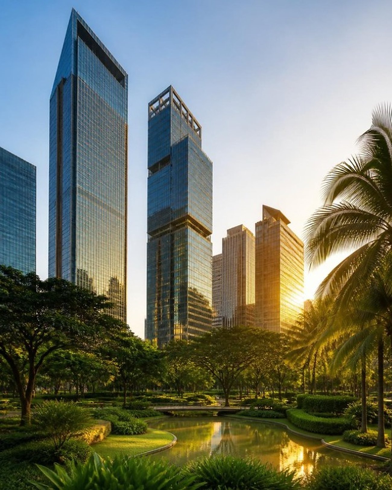 Glass towers above a tropical park at sunset