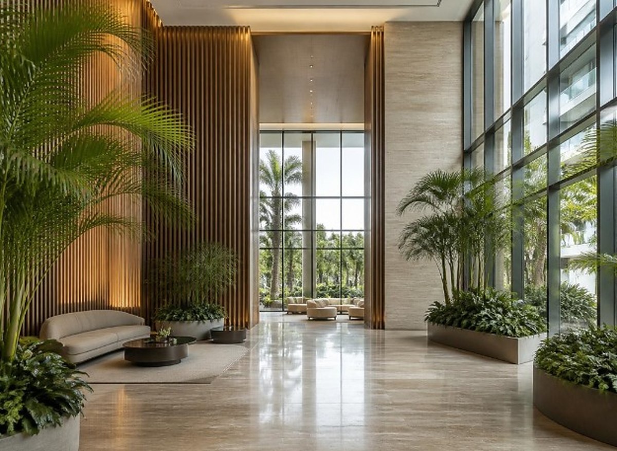 Residential lobby with tropical planting